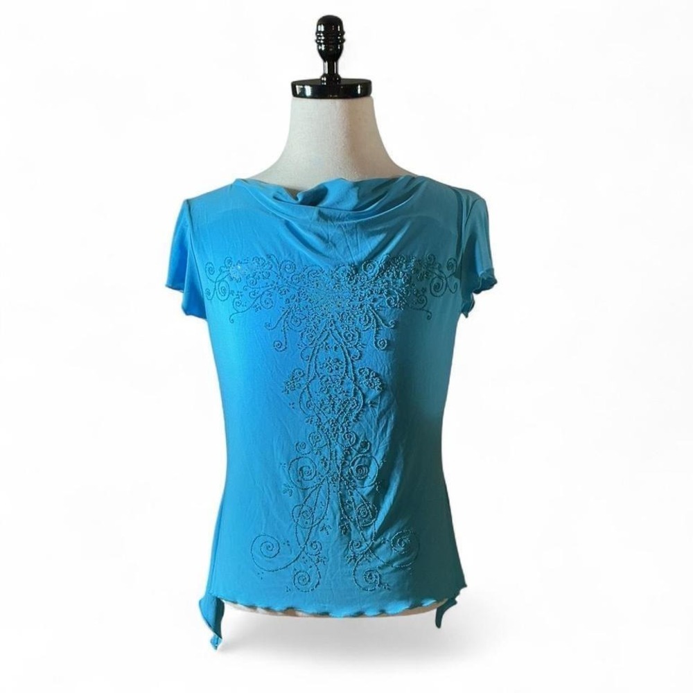 Y2K Turquoise Fairycore Beaded Top Short Sleeve Lettuce‎ Edge Hem Blue Tee